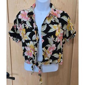 Vintage Sweet Baby Jane Floral Tie-Front Short-Sleeve Shirt L Black Pink Yellow